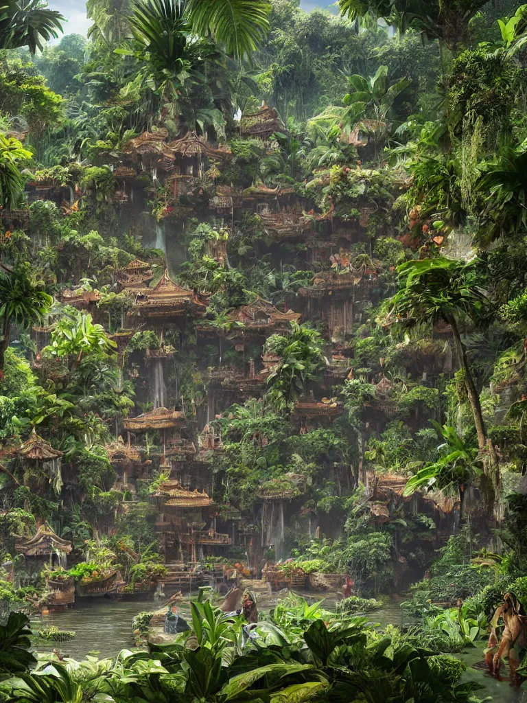 Prompt: a temple exterior in tropical paradise with walkways, canals, and arches, lush vegetation, flowers and waterfalls, fantasy, Eddie Mendoza, Zaha Hadid, detailed Sci-Fi and classical architecture, photorealistic, Low angle, cinematic lighting, Maya render, raytracing