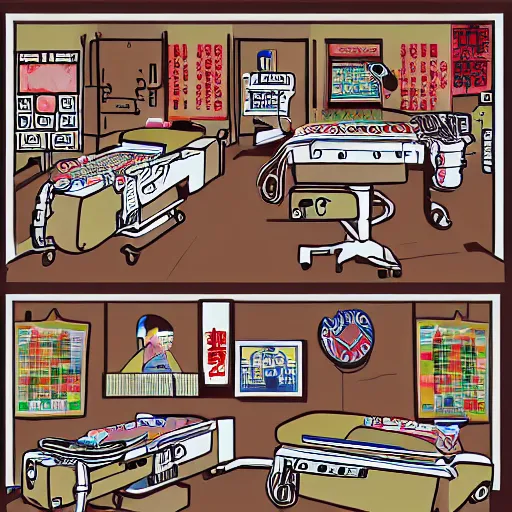 Image similar to chinese surgery operating table, in the style of daniel johnston and outsider art, 8k, line brush, minimal, hard lines, overlaid with traditional chinese adverts