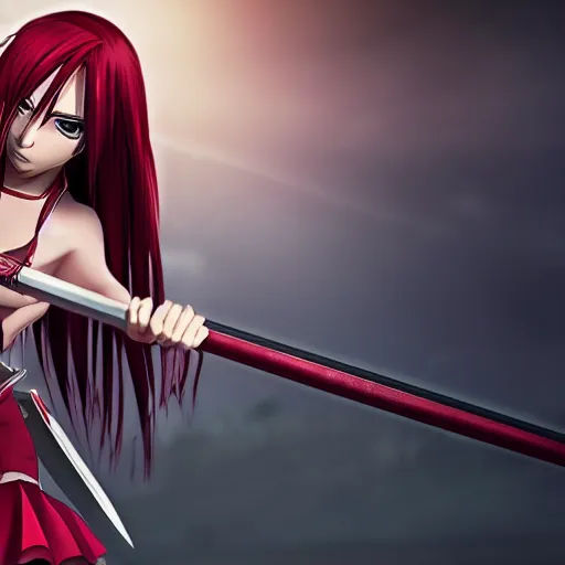 Image similar to dslr, beautiful erza scarlet fighting posing with a katana sword and wearing a skirt, portrait photo, real photo, real camera, extreme detailed face and body, high quality, moody lighting, fast paced lines, sharp quality, enchanting, 8 k