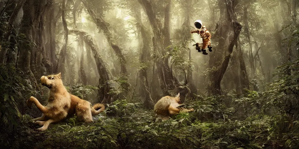 Image similar to an astronaut next to a strange furry six legged creature in a forest, a detailed matte painting by frieke janssens, featured on cgsociety, fantasy art, matte painting, reimagined by industrial light and magic, matte drawing