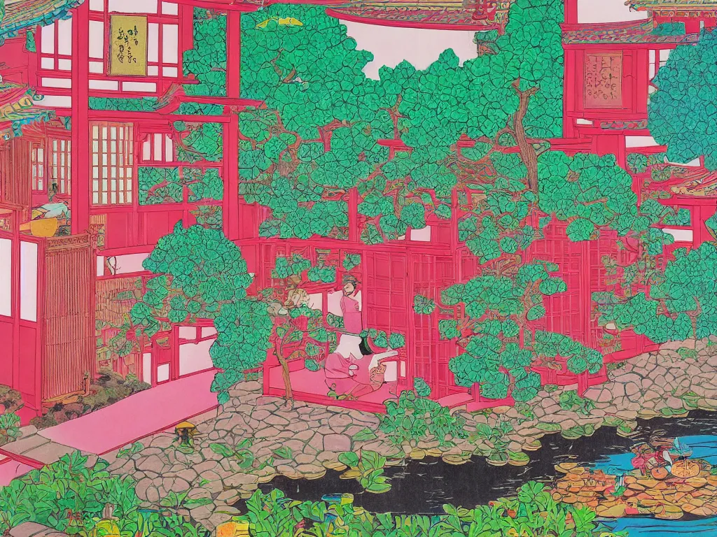 Image similar to image of a traditional japanese house with a garden, a pond in the garden, pink children are sitting around it, a combination of pop art and traditional japanese painting styles, the style of andy warhol and jackie tsai, bright palette, acrylic on canvas