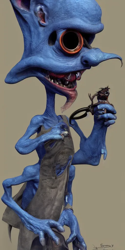 Prompt: a beautiful painted portrait of a happy blue goblin creature with a monocle by james gurney | centered | unreal engine :. 1