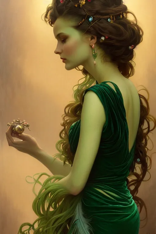 Image similar to highly detailed oil painting, ombre velvet gown, beautiful elegant dryad, beautiful face by leyendecker, feathers, long hair, muted green, dozens of jeweled necklaces, by greg rutkowski, brom, anato finnstark, alphonse mucha, cinematic lighting