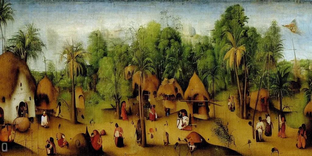 Prompt: painting of a kerala village by Hieronymus Bosch, with some coconut trees and thatched houses