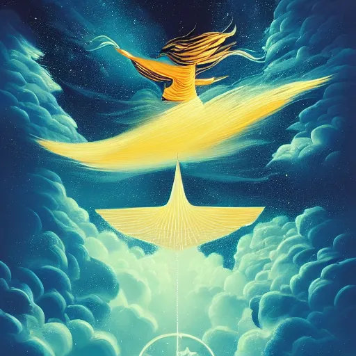 Image similar to a painting of a person flying through the sky, an ultrafine detailed painting by petros afshar, shutterstock contest winner, metaphysical painting, sense of awe, behance hd, windows vista