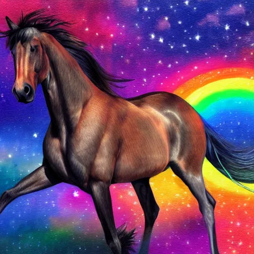 Prompt: horses over a bright colorful rainbow under a dark starred night, dark fantasy, digital art, watercolour, high detail, colorful, dreaming illusion