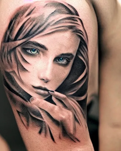 Image similar to tattoo design sketch of a beautiful woman face blended with a faded background of beautiful mountains and nature on her side, hyper - realistic, in the style of den yakovlev, amazing detail, black and white