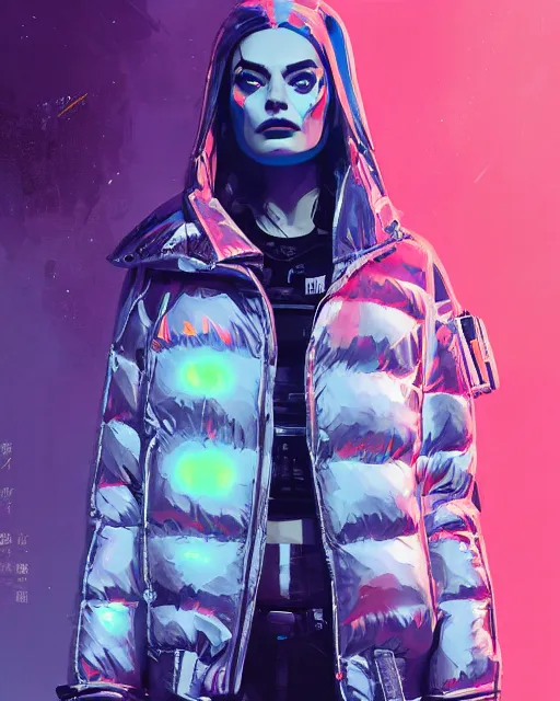 Image similar to neon operator margot robbie, cyberpunk futuristic neon, reflective puffer jacket, decorated with traditional japanese ornaments by ismail inceoglu dragan bibin hans thoma greg rutkowski alexandros pyromallis nekro rene maritte illustrated, perfect face, fine details, realistic shaded, fine - face, pretty face