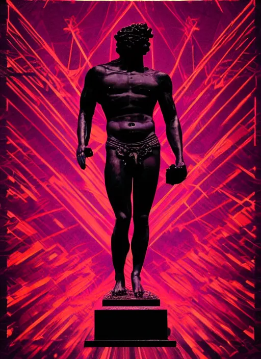 Image similar to black background with subtle red and purple design elements, statue of hercules, nekro, graphic design, collage art, thin lines, dark, glitch art, neo vaporwave, gritty, layout frame, square, trending on artstation