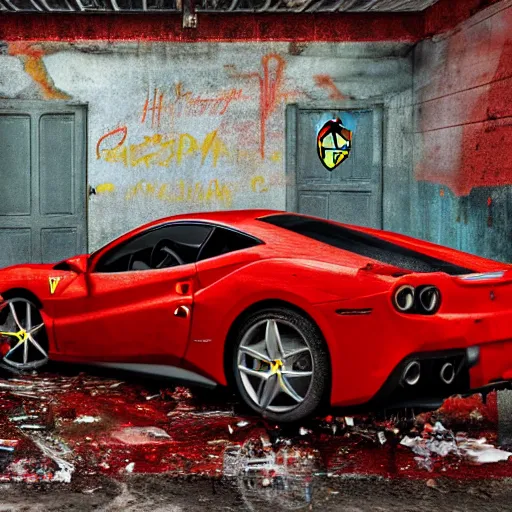 Image similar to hyper detailed and photorealistic, red ferrari, dust, humus, wet street, graffiti on wall, trash scattered, abandoned car garage, 8 k, uhd, after rain, cinematic