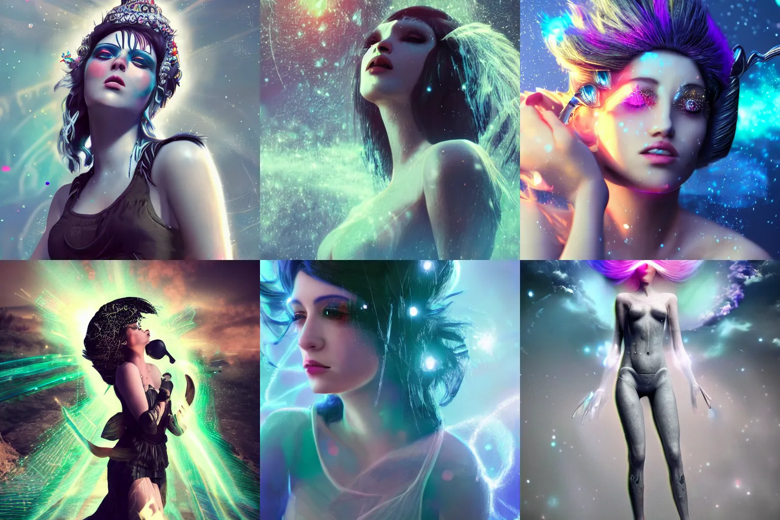 Prompt: a beautiful female goddess of the post punk character, character is in all its glory, character is in her natural relaxed pose, rim lights, particles and dust in the air, fancy clouds, highly detailed professional photo, dynamic lights, particles are flying, depth of field, trending on artstation, professional illustration, hyper realistic, vray caustics, super detailed, colorful accents, cinematic shot