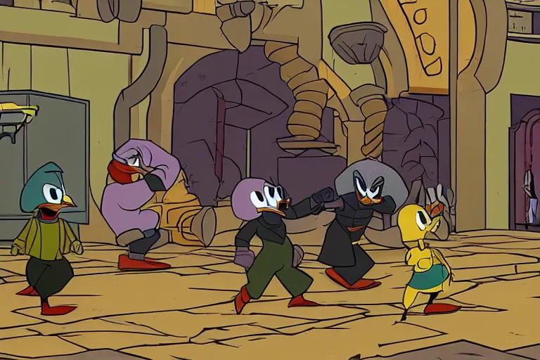 Prompt: still from the animated film ducktales kombat : finish him, noob saibot, gorey,