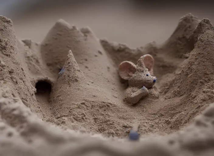 Image similar to wide dslr photo still of a mouse inside a perfect sandcastle, 8 k, 8 5 mm f 1. 4