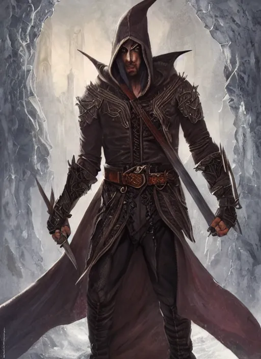 Image similar to a serious hooded half elf middle aged male rogue, strong, full body, 8 k, hyperrealistic, lowlife, ruffian, hyperdetailed, fantasy portrait by laura sava