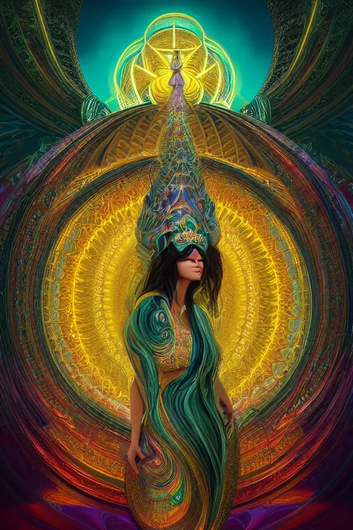 Image similar to a centered render of an alluring goddess wearing a psychedelic mask surrounded by a glorious sacred energy made from geometry and spiral mandel bulb fractals in a majestic temple, powerful, cinematic, beautifully lit, by artgerm, by karol bak, 3 d, trending on artstation, octane render, 8 k