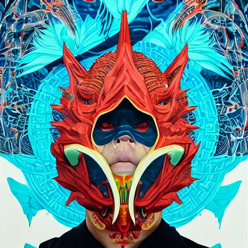 Prompt: Tristan Eaton, victo ngai, artgerm, symmetrical dragon mask, filled with anger and disgust