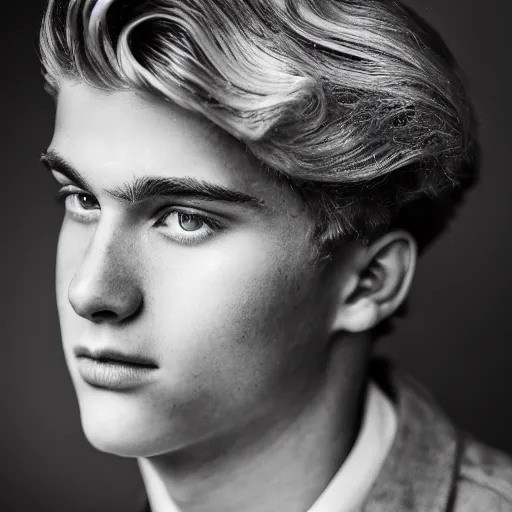 Image similar to close up of 1 8 year old man with wavy / curly light blonde hair, blue eyes, pale complexion, wearing 1 9 5 0 s clothing, 8 5 mm f / 1. 4