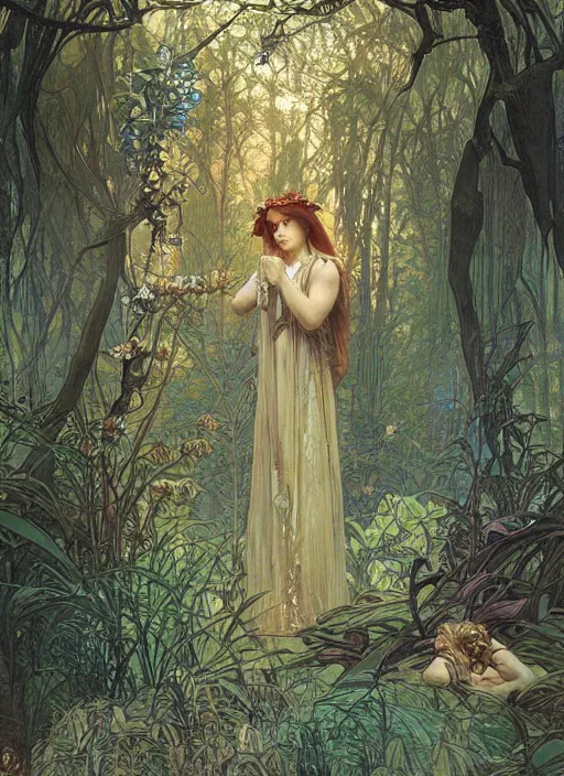 Image similar to a crystal cube in a forest, highly detailed, intricate, concept art, art station, cinematic light, realistic, ethereal light, art by Alphonse Mucha