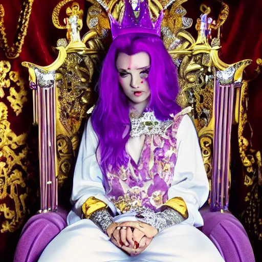 Prompt: A 4k photo of young evil princess with purple hair wearing a diamond crown, sitting in a throne in a dark room.