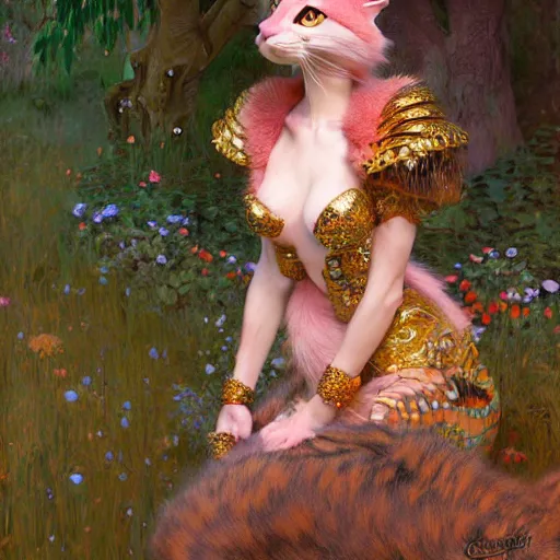 Image similar to a portrait of a female pink cat wearing ornate plastic armor at night in a dark forest. zootopia fursona furaffinity furry art detailed face painting by gaston bussiere craig mullins jc leyendecker gustav klimt artgerm greg rutkowski furry