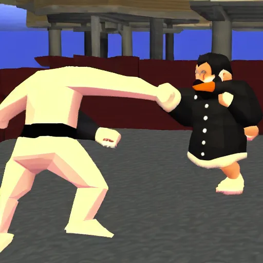 Image similar to danny devito punching penguins, nintendo 6 4 screenshot, low poly, aliased