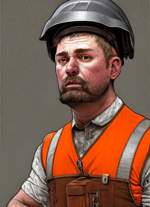 Image similar to a russian railroad electrician!!!, male!!, wearing orange vest!! helmet, straps, siberian forest!!, portrait, dirty, fat, ugly, intricate, elegant, highly detailed, digital painting, artstation, concept art, wallpaper, smooth, sharp focus, illustration, art by artgerm and greg rutkowski and alphonse mucha