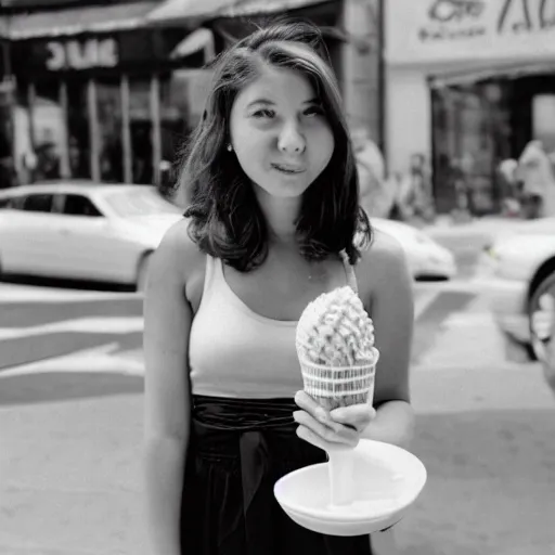 Image similar to a film photo of a pretty young woman, 26, wearing summer clothes, holding an ice cream cone on a hot summer's day in New York City