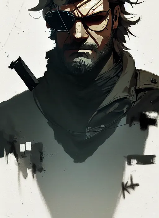 Image similar to highly detailed closeup of a moody solid snake mgs in codek by atey ghailan, by greg rutkowski, by greg tocchini, by james gilleard, by joe fenton, by kaethe butcher, gradient, blue, black, brown and white color scheme muted tones, grunge aesthetic!!! white graffiti tag wall background