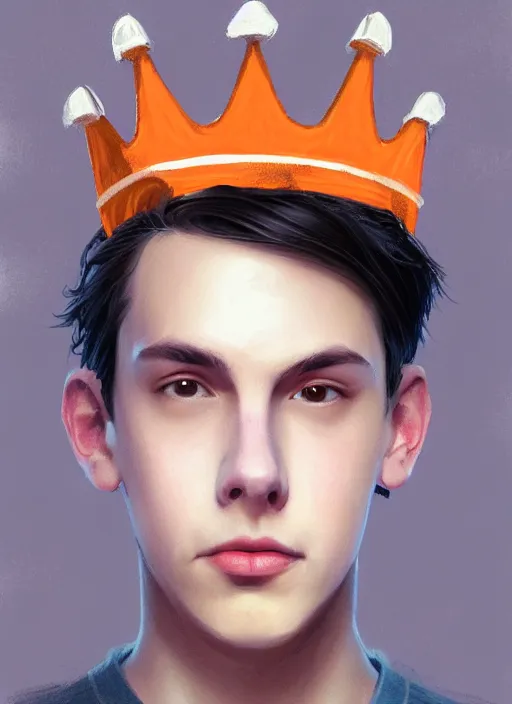 Image similar to portrait of teenage jughead jones wearing a light grey crown, crown, hamburger background, eyes closed, crown, black hair, orange, intricate, elegant, glowing lights, warm lighting, highly detailed, digital painting, artstation, concept art, smooth, sharp focus, illustration, art by wlop, mars ravelo and greg rutkowski