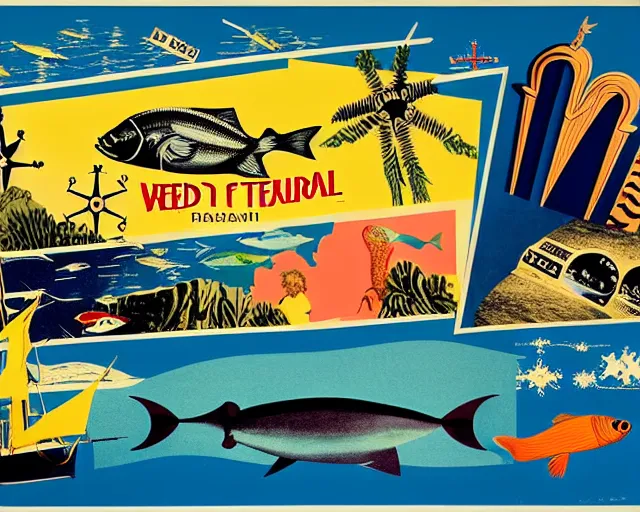 Image similar to footage of a theater stage, 1976 poster, cut out collage, film noir, break of dawn on Neptun, epic theater, tropical fish, nautical maps, NY style grafitti, in style of Ernst Haeckl, composition by Wed Anderson, written by Ernst Jandl, lens flare