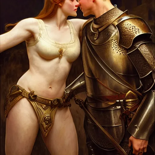 Image similar to attractive arthur pendragon and his favourite attractive male knight, they are in love, camelot, natural lighting, path traced, highly detailed, high quality, digital painting, by gaston bussiere and ross tran and j. c. leyendecker and alphonse mucha