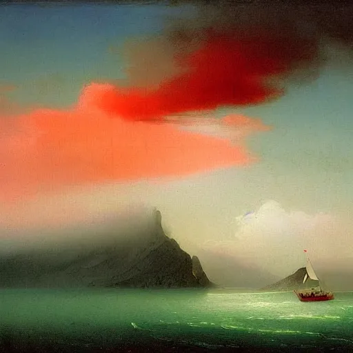 Image similar to minimalist symmetrical red clouds and green ocean in iceland fjord with sailboat painting by ivan aivazovsky