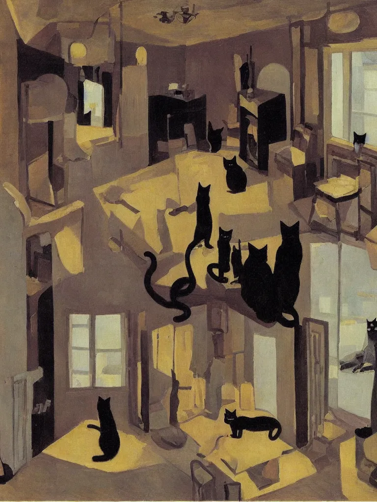 Image similar to cats travel around the apartment in a surreal home, by robert antoine pinchon, in the style of edwige fouvry, dark surrealism, open ceiling