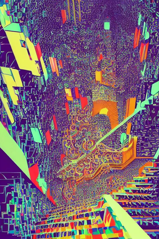 Image similar to a drawing of a room with a staircase, psychedelic art, op art, isometric, voxel art, poster art by victo ngai, ori toor, kilian eng, behance contest winner, crystal cubism, poster art, cubism, tarot card, psychedelic art, concert poster, poster art, maximalist