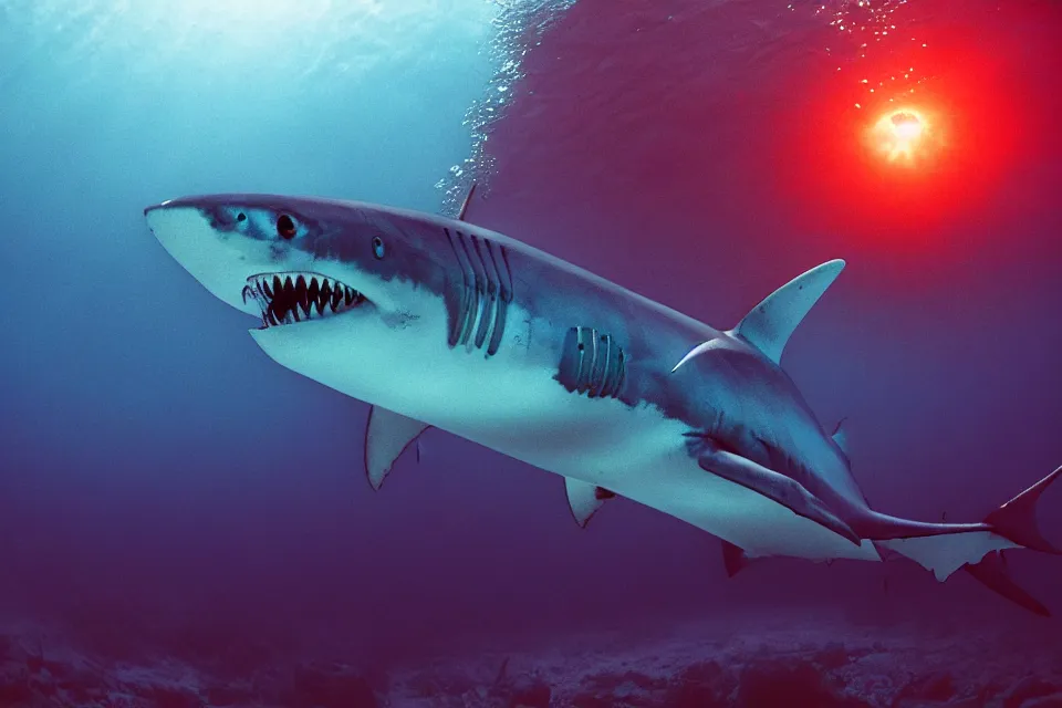 Prompt: ominous alien shark underwater, mysterious glow, HD nature photography