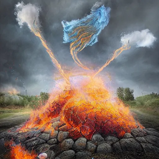 Image similar to extremely realistic Pulsing elemental Virtues figure infused with exploding fire crystals Painting by Erik Johansson