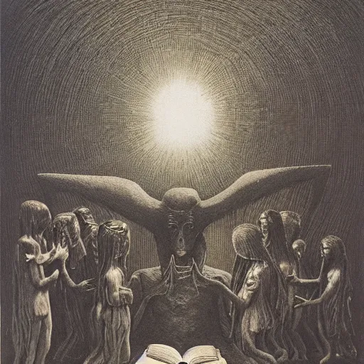 Image similar to Baphomet is reading a book, children gather around him by Zdzisław Beksiński