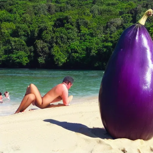 Image similar to huge eggplant sunbathing on the beach among people, photo,