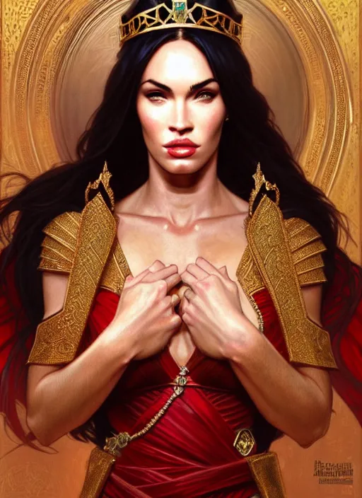 Prompt: portrait of megan fox as a queen, throne, jewelry, greek, ruby, intricate, headshot, highly detailed, digital painting, artstation, concept art, sharp focus, cinematic lighting, illustration, art by artgerm and greg rutkowski, alphonse mucha, cgsociety