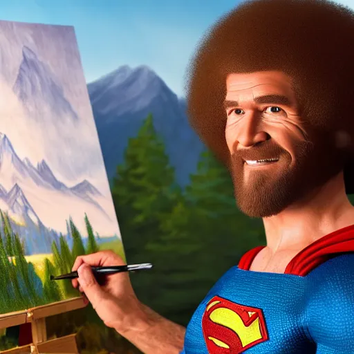 Image similar to a closeup photorealistic photograph of bob ross working on a canvas painting of superman. film still. brightly lit scene. mountains and trees. this 4 k hd image is trending on artstation, featured on behance, well - rendered, extra crisp, features intricate detail, epic composition and the style of unreal engine.