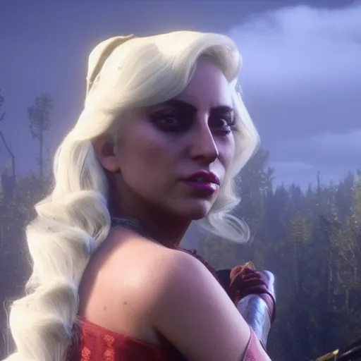 Image similar to Film still of Lady Gaga, from Red Dead Redemption 2 (2018 video game)