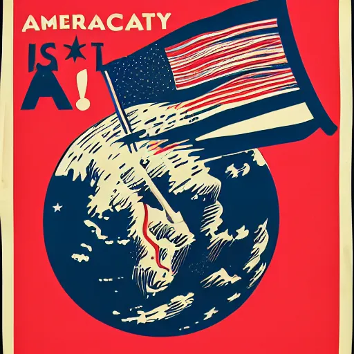 Image similar to americanized propaganda poster, moon landing