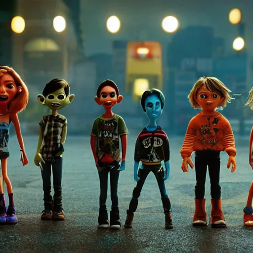 Image similar to a cinematic film still from a 2001 Pixar movie about a teenage alien punk band, tattoos, aesthetic, rockstars, in the style of Pixar, shallow depth of focus