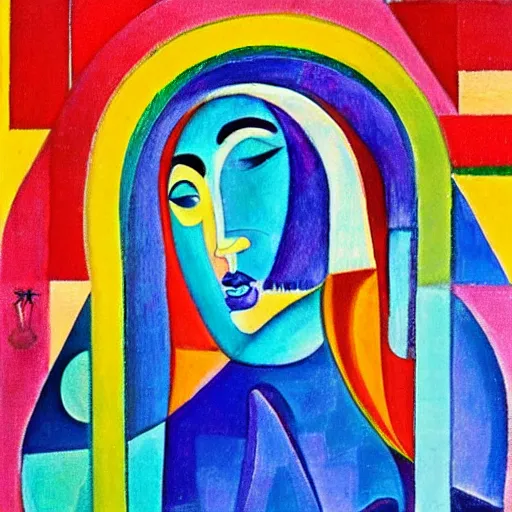 Image similar to woman in glorious robes rose up vast as the skies, old as the mountains and formless as starlight to shelter the precious memories, matter, messages, abstract art in the style of cubism and georgia o keefe