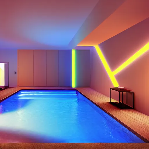 Image similar to philips hue led strip lighting, swiming pool, scene, colourful, 8 k, unreal engine, realistic, house and home, luxury,