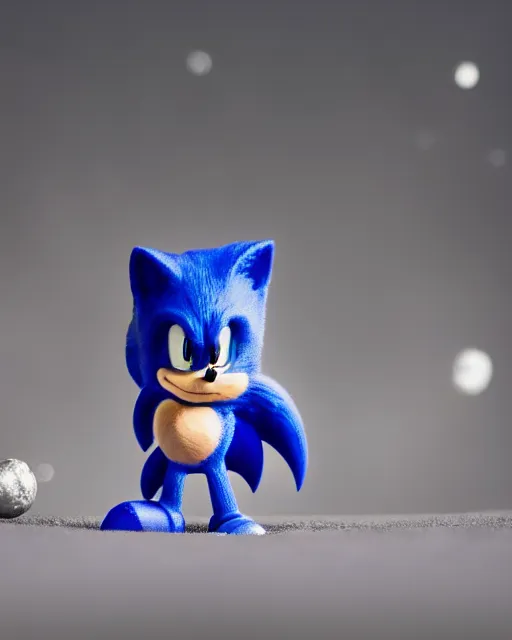 Prompt: An extremely beautiful studio photo of Sonic the Hedgehog on the Moon, bokeh, 90mm, f/1.4