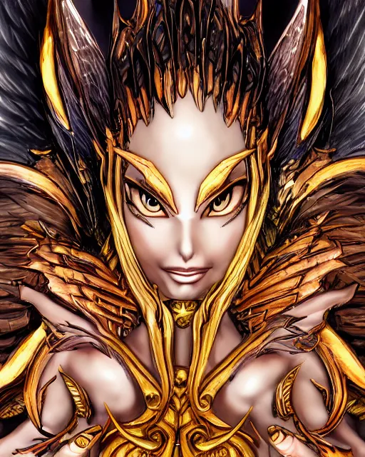 Image similar to A beautiful female demon posing on a chair, beautiful face, highly detailed face, close-up, fantasy art, female art, in the style of masami kurumada, illustration, epic, fantasy, intricate, hyper detailed, artstation, concept art, smooth, sharp focus, ray tracing