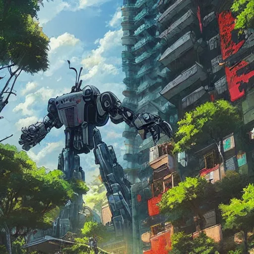 Image similar to A giant robot in city ruins overtaken by vegetation in anime style highly detailed by Makoto Shinkai and Raphael Lacoste