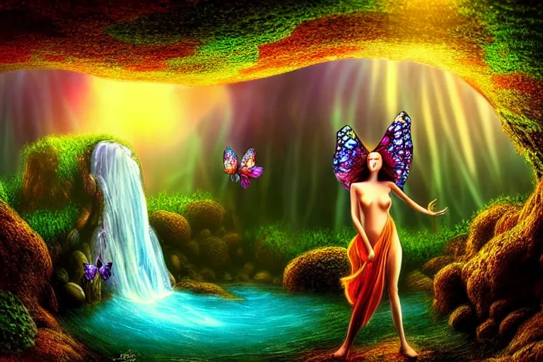 Prompt: a realistic portrait of a beautiful mushroom goddess, standing inside a waterfall, in an enchanted psychedelic mushroom forest, butterflies, sunbeams at sunset, wlop