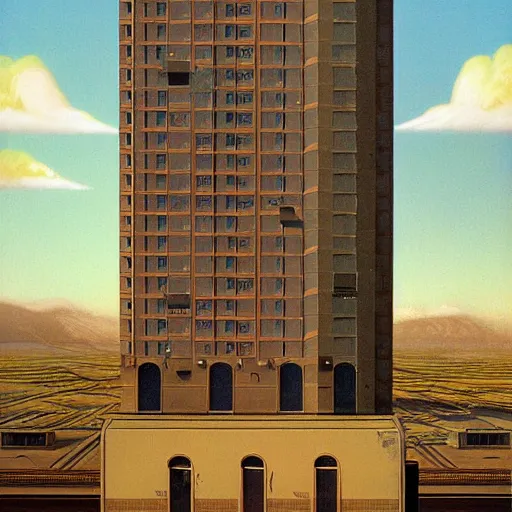 Prompt: a painting of a building with a sky background, an art deco painting by Scott Listfield, trending on cgsociety, art deco, matte drawing, art deco, reimagined by industrial light and magic